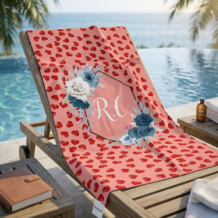 Red hearts pattern on pink monogrammed blue flower beach towel