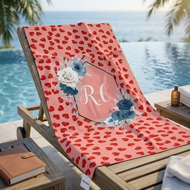 Red hearts pattern on pink monogrammed blue flower beach towel (Creator Uploaded)