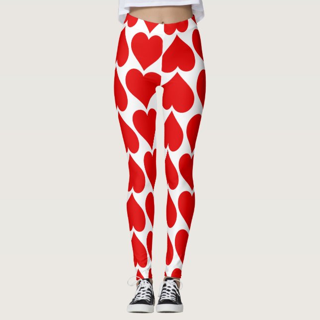 Red Hearts Pattern, Romantic, Love Leggings (Front)