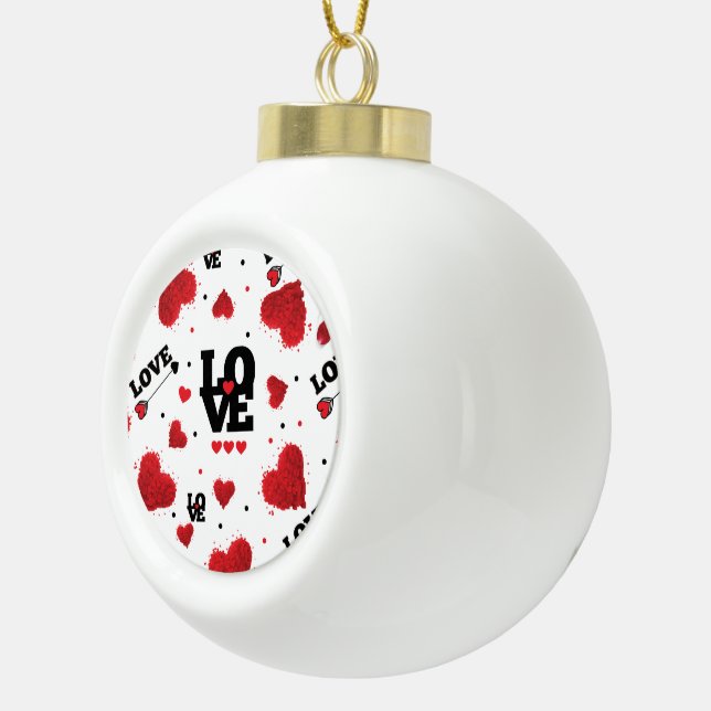 Red Hearts Pattern Valentine's Day Ceramic Ball Christmas Ornament (Right)