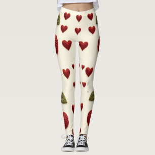 Red Hearts Pattern White Leggings - Romantic Valen