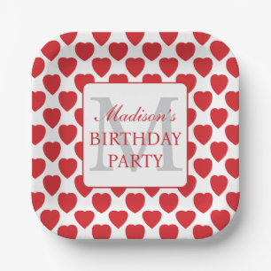 Red Hearts Personalized Birthday Party Paper Plate