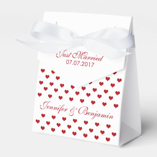 Red Hearts Personalized Names and Date Wedding Favor Box (Front Side)