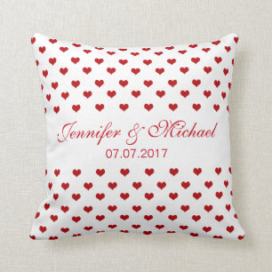 Red Hearts Personalized Names and Date Wedding Throw Pillow