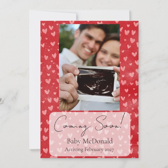 Red hearts photo script pregnancy announcement (Front)