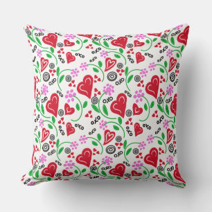 Red Hearts Pink Flowers Throw Pillow