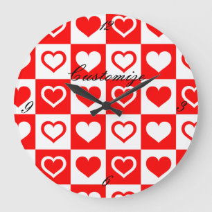 Red Hearts Plaid Pattern Thunder_Cove Large Clock