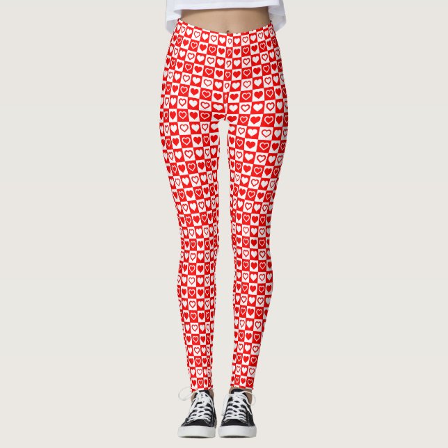 Red Hearts Plaid Pattern Thunder_Cove Leggings (Front)