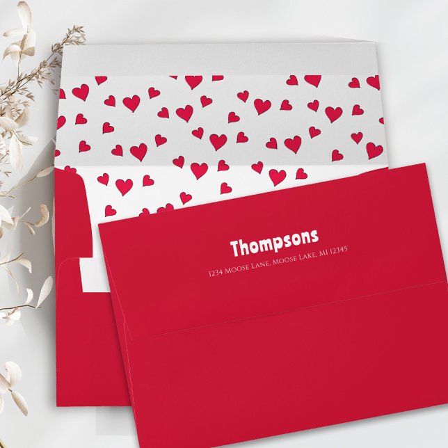 Red Hearts Return Address Custom Envelope (Cute red hearts envelope with whimsical typography return address on the back flap. )