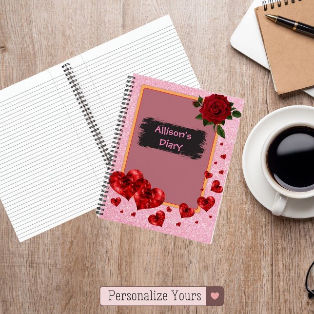 Red Hearts & Rose Glitter Notebook (Red Hearts & Rose Glitter Notebook)