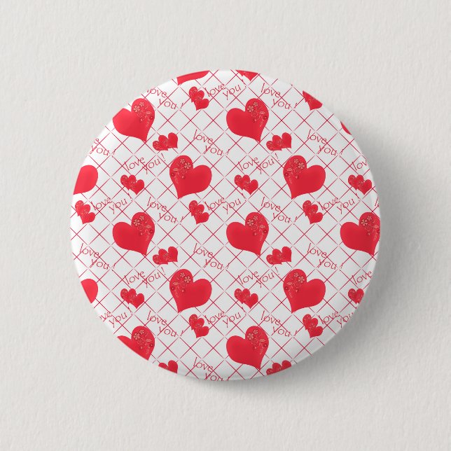 Red hearts, text, "love you", red and white . 2 inch round button (Front)
