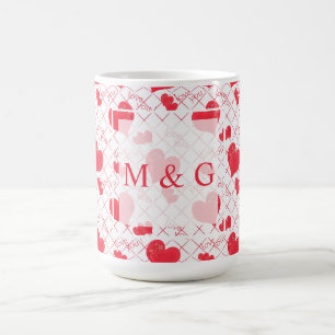 Red hearts, text, "love you", red and white, check coffee mug