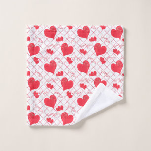 Red hearts, text, "love you", red and white, check wash cloth