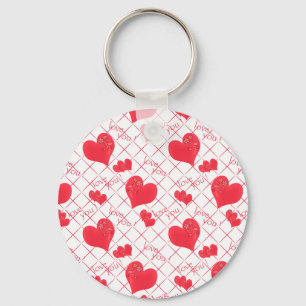 Red hearts, text, "love you", red and white . keychain