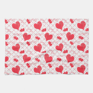Red hearts, text, "love you", red and white . kitchen towel