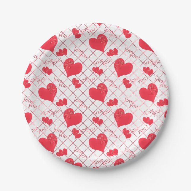 Red hearts, text, "love you", red and white . paper plate (Front)