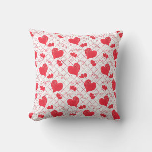 Red hearts, text, "love you", red and white . throw pillow