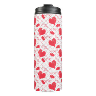Red hearts, text, "love you" . thermal tumbler