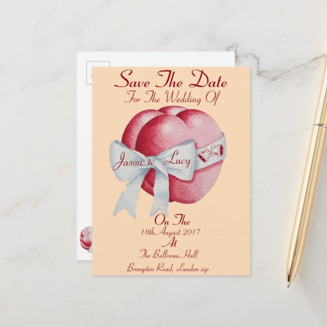 red hearts tied white bow ribbon save the date announcement postcard (Front/Back In Situ)