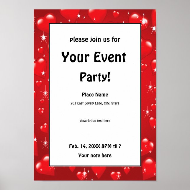 Red Hearts Valentine's Day Party Poster (Front)