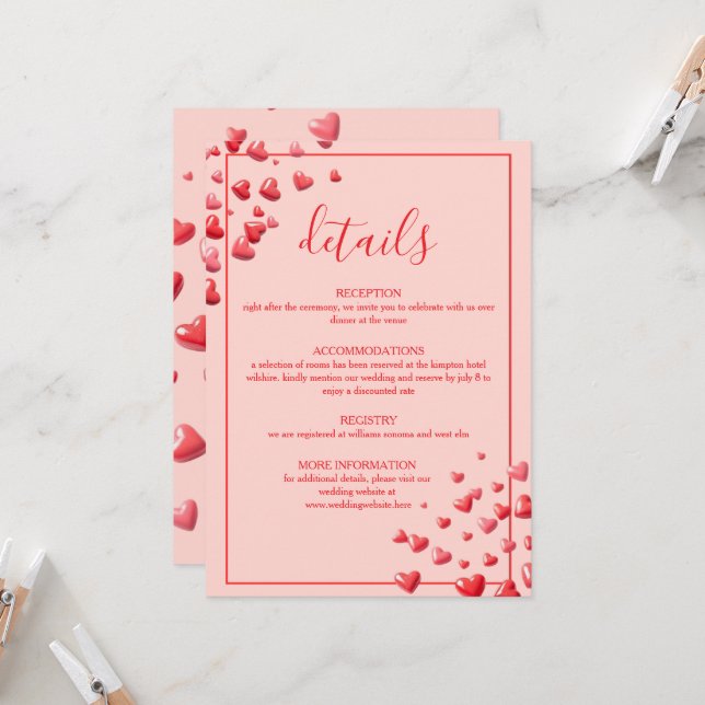 Red Hearts Wedding Details Card (Front/Back In Situ)