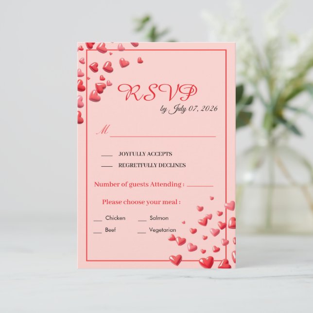 Red Hearts Wedding RSVP Card (Standing Front)