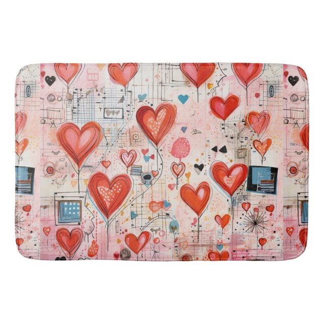 Red Hearts Whimsical Love Pattern Bath Mat (Front)