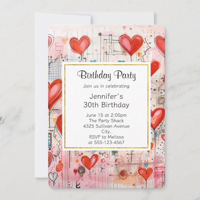 Red Hearts Whimsical Love Pattern Birthday Invitation (Front)