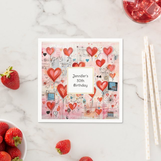  Red Hearts Whimsical Love Pattern Birthday Napkin (Insitu)