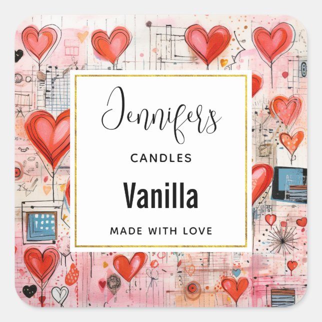  Red Hearts Whimsical Love Pattern Candle Business Square Sticker (Front)