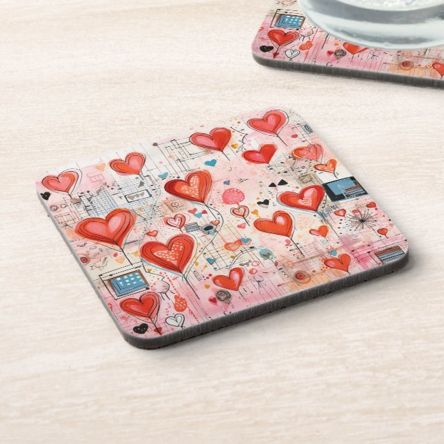 Red Hearts Whimsical Love Pattern Coaster (Left Side)