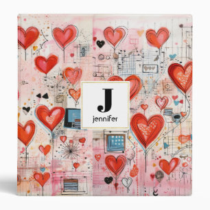 Red Hearts Whimsical Love Pattern Monogram Binder