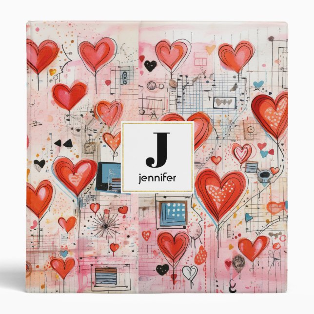 Red Hearts Whimsical Love Pattern Monogram Binder (Front)