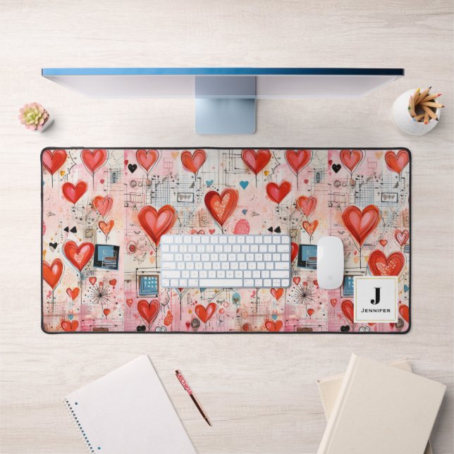 Red Hearts Whimsical Love Pattern Monogram  Desk Mat (Office 1)