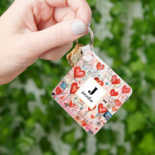 Red Hearts Whimsical Love Pattern Monogram Keychain