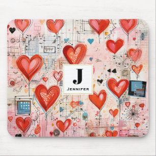 Red Hearts Whimsical Love Pattern Monogram Mouse Pad