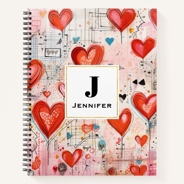 Red Hearts Whimsical Love Pattern Monogram Notebook (Front)