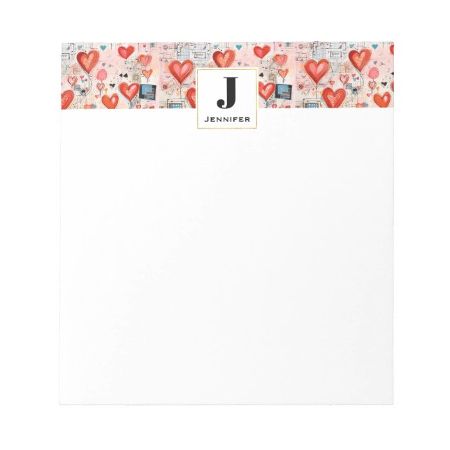 Red Hearts Whimsical Love Pattern Monogram Notepad (Front)