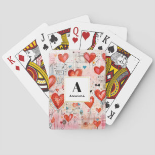 Red Hearts Whimsical Love Pattern Monogram Playing Cards