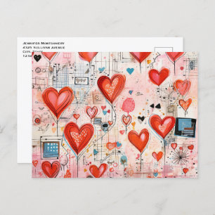 Red Hearts Whimsical Love Pattern Postcard