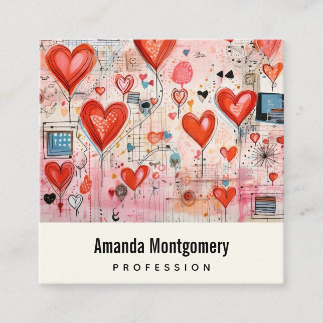 Red Hearts Whimsical Love Pattern Square Business Card (Front)