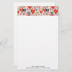 Red Hearts Whimsical Love Pattern Stationery