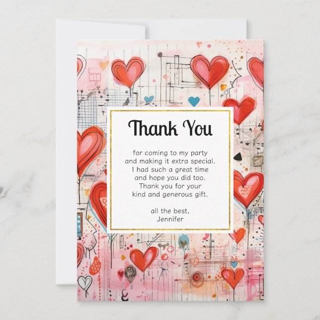 Red Hearts Whimsical Love Pattern Thank You Card (Front)