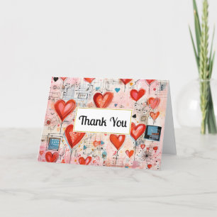 Red Hearts Whimsical Love Pattern Thank You Card