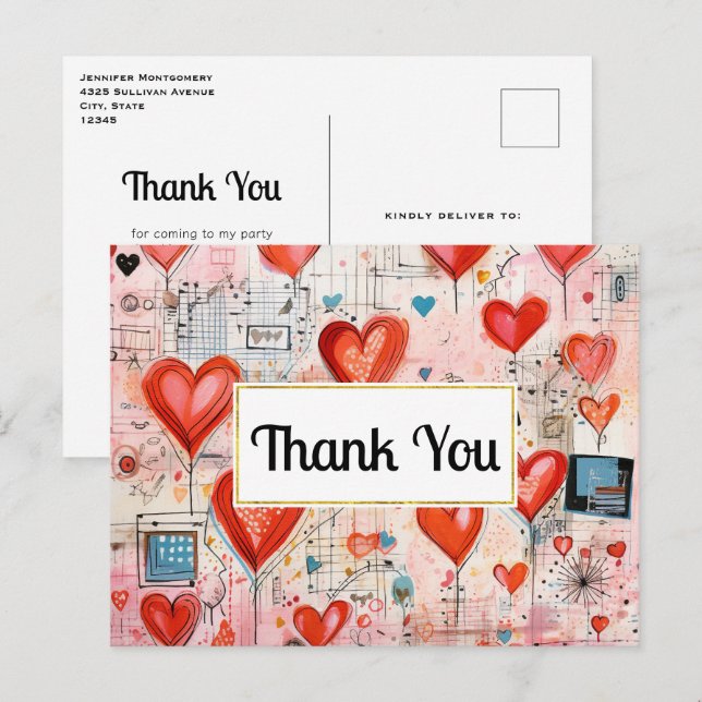 Red Hearts Whimsical Love Pattern Thank You Postcard (Front/Back)