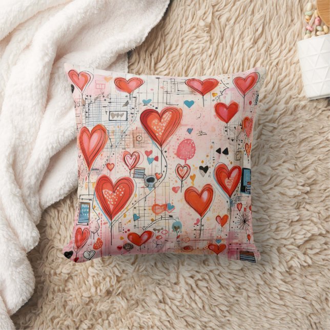 Red Hearts Whimsical Love Pattern Throw Pillow (Blanket)