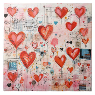 Red Hearts Whimsical Love Pattern Tile