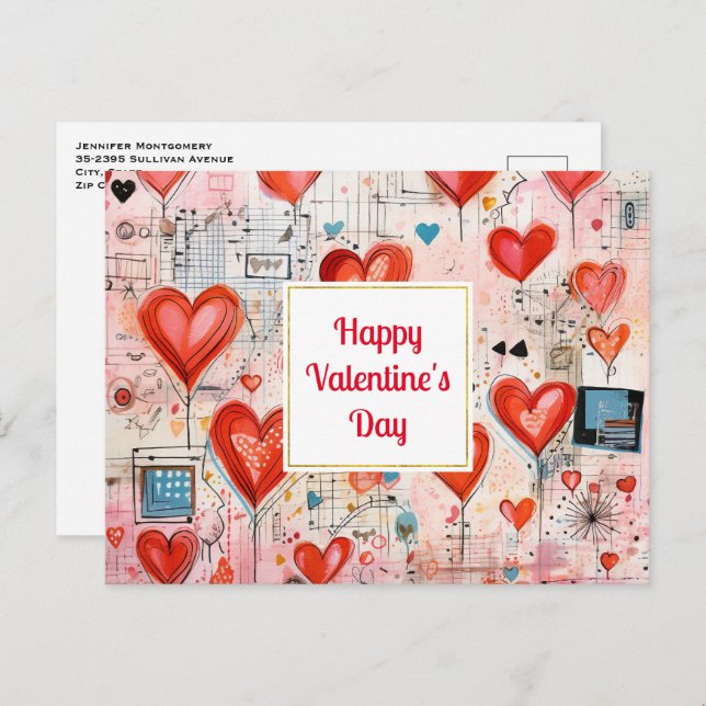 Red Hearts Whimsical Love Pattern Valentine's Day Holiday Postcard (Front/Back)
