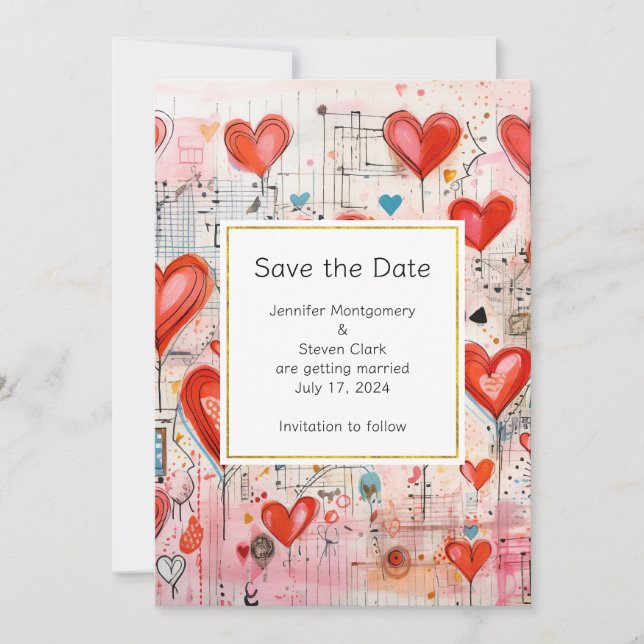 Red Hearts Whimsical Love Pattern Wedding Save The Date (Front)