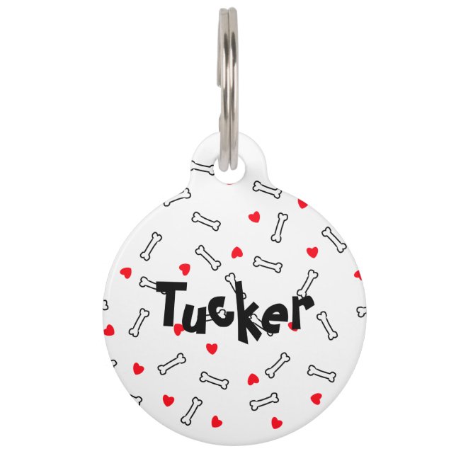Red Hearts White Bones Dog Round Pet Tag (Front)
